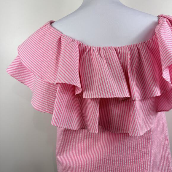 Lilly Pulitzer Seersucker Trixie One Shoulder Ruffle Top XS Pink & White Stripe - Picture 8 of 14